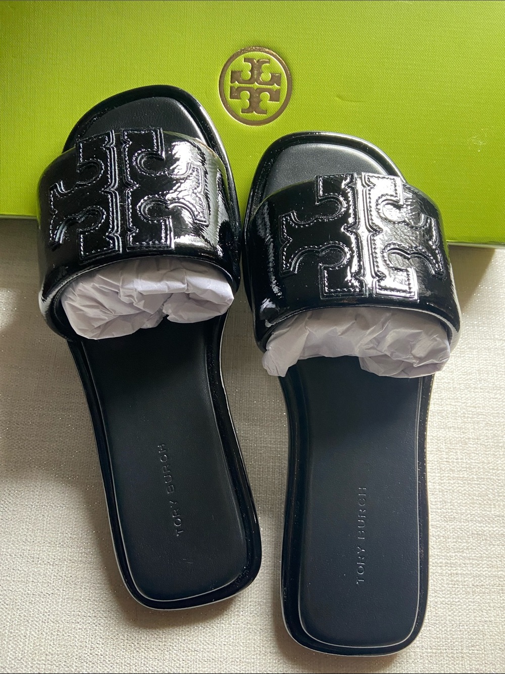 Tory Burch Black Patent Logo Slide Mules